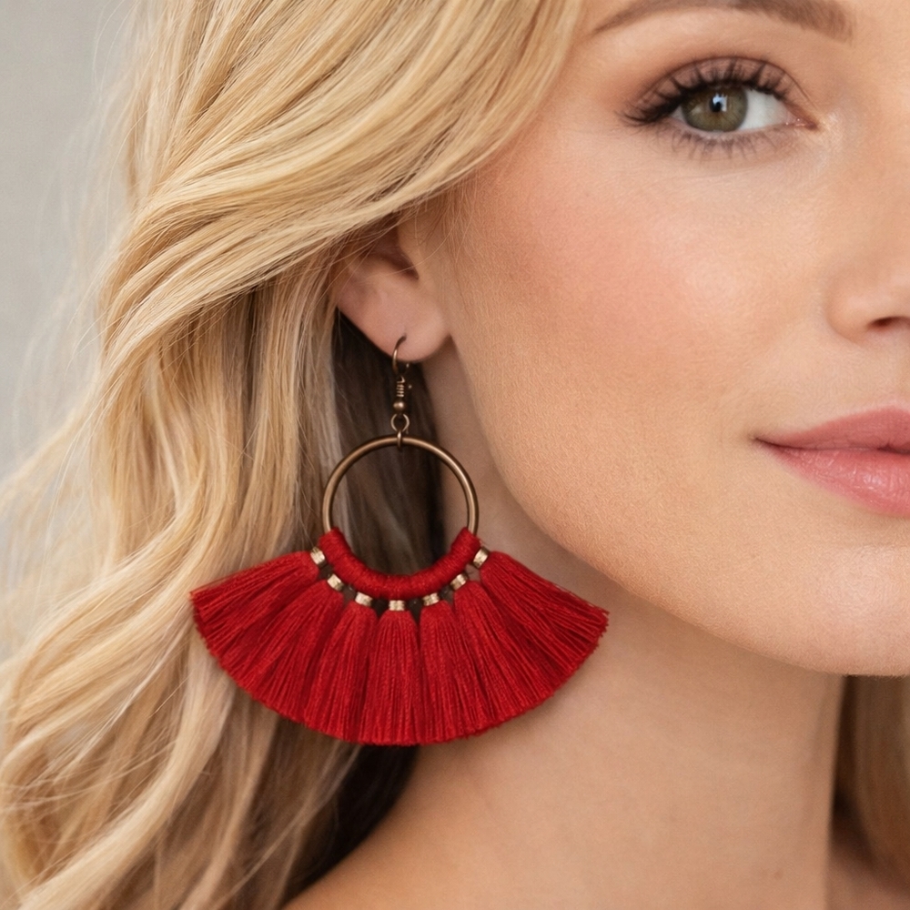 Deep Red Threaded Fan Tassel Earrings